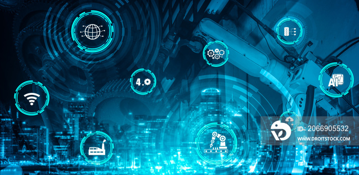 Industry 4.0 technology concept - Smart factory for fourth industrial revolution with icon graphic showing automation system by using robots and automated machinery controlled via internet network .