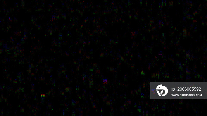 Horizontal distortion of broken video image on black background, VHS effect, glitch digital color pixel noise. Stock abstract pixel background glitch texture. Color digital noise, VHS corrupted signal