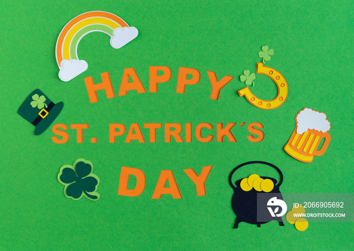 St. Patrick’s Day. Banner design on green background with HAPPY ST. PATRICKS DAY and typical decorations. Copy space.