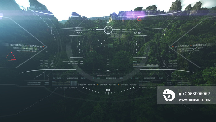 Aerial view from the fighter plane’s cockpit flying in the lime stone mountain canyon with head up display acquire targets and enemies location hidden in the dense mountain forest