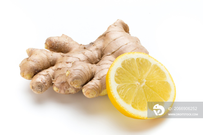 Ginger bio and lemon on white background.