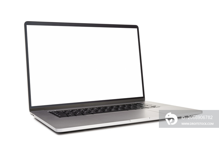 Modern laptop with blank white screen isolated on white background. Template mock up