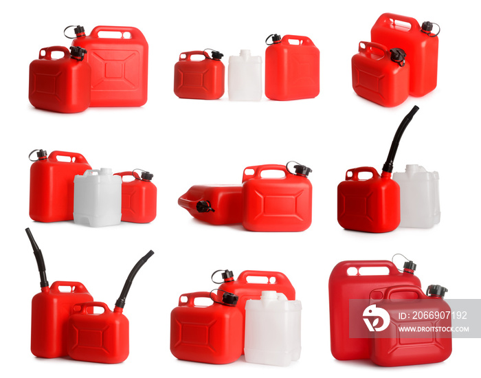 Set of plastic jerrycans on white background