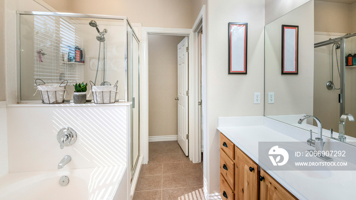 Pano Interior of a bathroom with craftsman’s style vanity