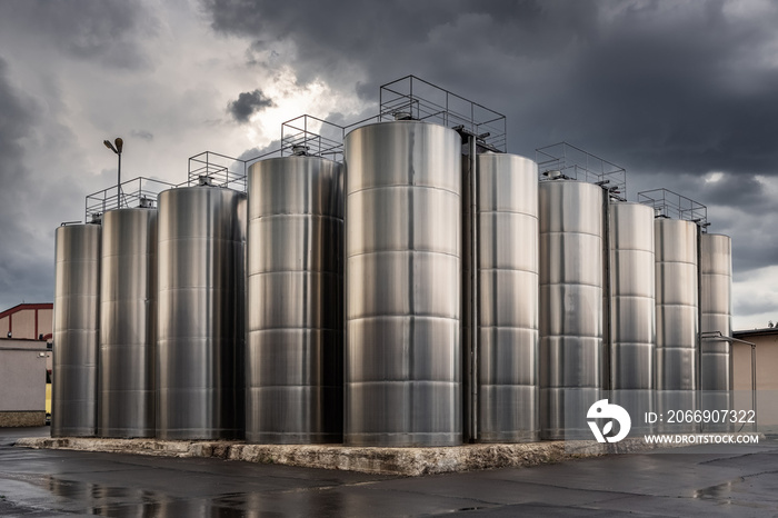 Stainless steel wine barrels in the winery