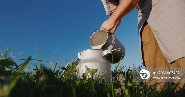 The milkman pours milk into the can against the background of a green meadow