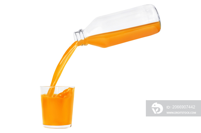 Bottle, jar of freshly squeezed orange juice isolated on white background. Juice pours from a bottle with a glass.