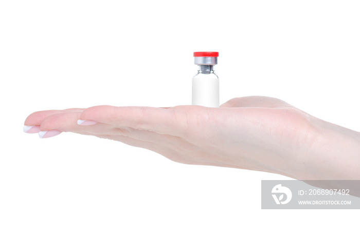 Medicine vaccine jar in hand on white background isolation