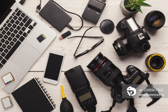 Diverse personal equipment for photographer