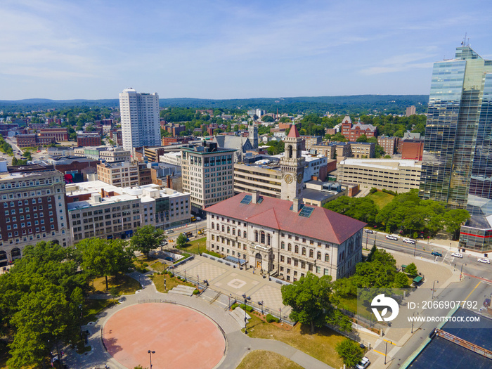 Aerial view of Worcester historic center including Worcester City Hall on Main Street with modern skyline at background, Worcester, Massachusetts MA, USA. Worcester is the second largest city in MA.