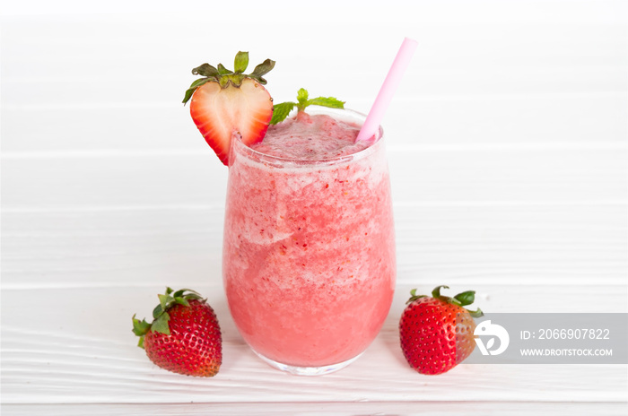 Strawberry smoothies colorful pink fruit juice beverage healthy the taste yummy In glass drink episode morning on white background.