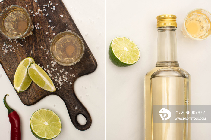 collage of golden tequila in bottle and shot glasses with lime, chili pepper, salt on wooden cutting board on white marble surface