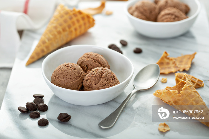 SImple chocolate ice cream in a white bowl