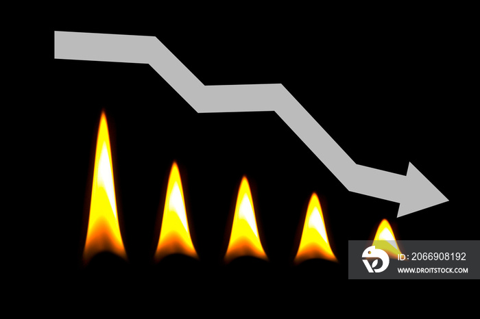 decline dynamics against the background of a graph with burning lights, the concept of a decrease in natural gas prices, a decrease in gas production