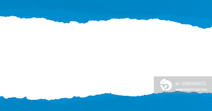 Blue torn paper with rolled edge with blank space. Torn paper with white copy space. Empty space for your message. Two pieces of torn paper with opening showing white clipping path.