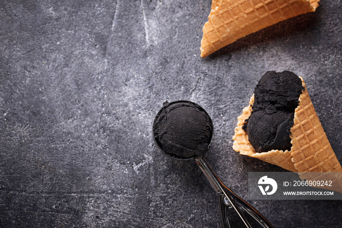 Black ice cream. Trendy food