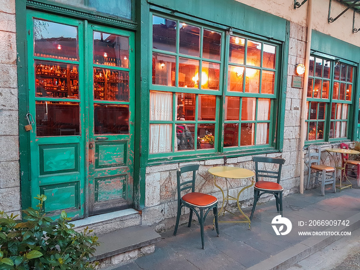 coffee bar  tables chairs outdoors in Ioannina  Greece