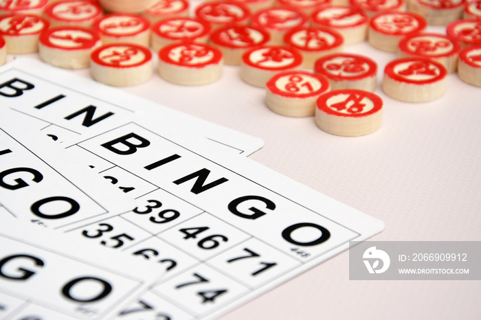 Many wooden chips with numbers and cards for a board game of bingo or lotto on a light background.