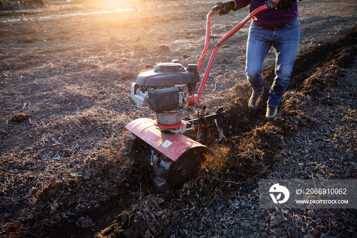 man cultivates the ground in the garden with a tiller  preparing the soil for sowing