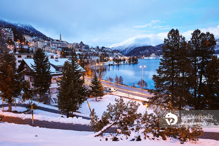 Saint Moritz town in winter season at sunset