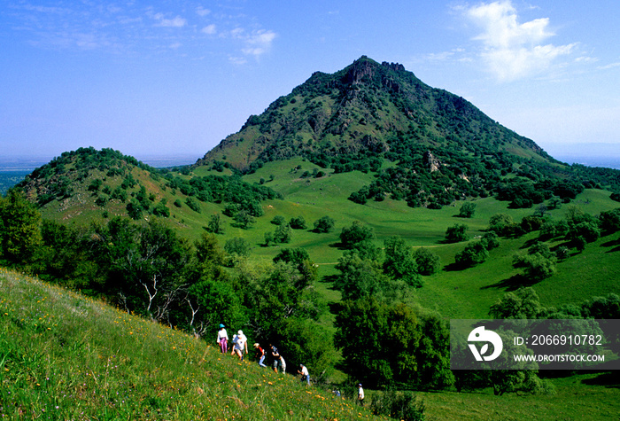 Sutter Buttes are a small circular complex of eroded volcanic lava domes, near Sutter, California.  Hikers on the flank of eroded butte