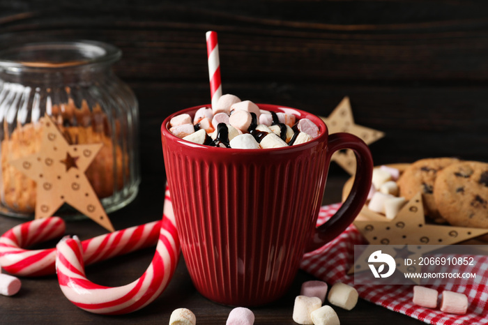 Concept of sweet drink, tasty cocoa drink with marshmallow