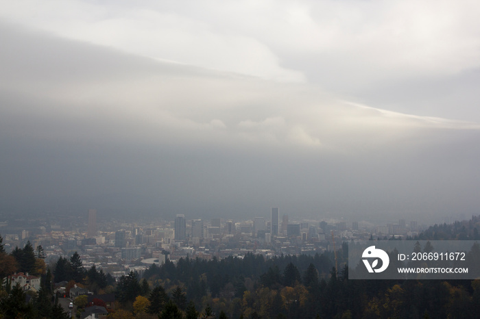 Downtown Portland skyline on a cloudy day during Oregon’s rainy season.