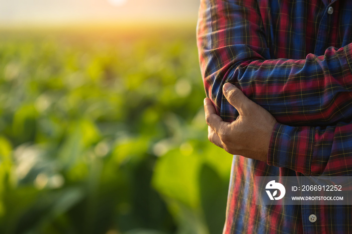 Injuries or Illnesses, that can happen to farmers while working. Man is using his hand to cover over elbow because of hurt,  pain or feeling ill.