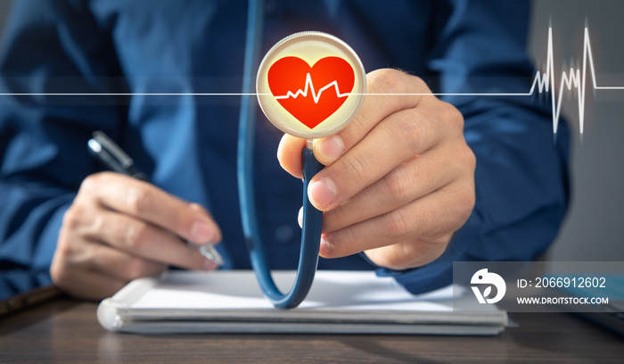 Doctor holding stethoscope with a heartbeat.