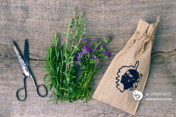 Fresh herbs typical of Corsica. Bunch of thyme, rosemary, marjoram and scissors on old rustic wooden board. A canvas bag with Corsica symbol and herbs on the table.