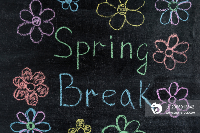 Spring break with flowers written in colorful chalk on black chalkboard