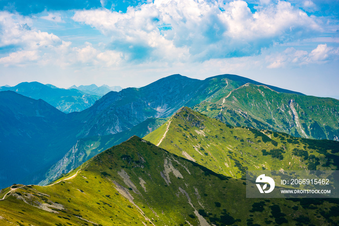 Beautiful view of the Tatra Mountains landscape. View of the mountains from the top. High mountain landscape.