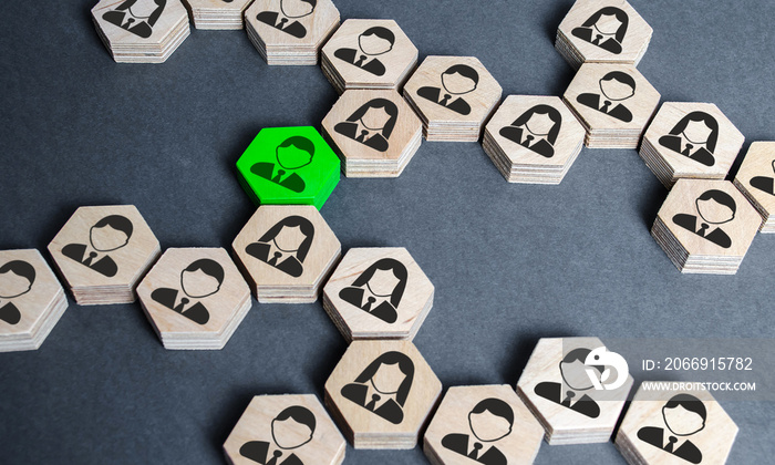 The structure of hexagonal figures with employees is connected together through a green figure. Establishing contact between business, mediator services. Leader, link. Business organization.