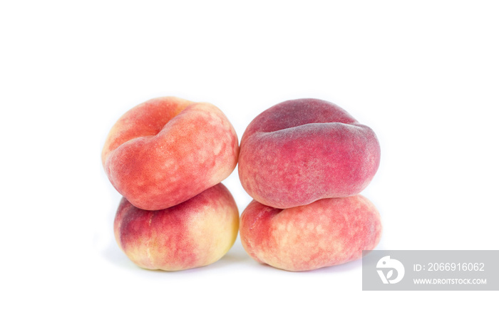 Donut peach on white background. Flat peach, doughnut peach, donut peach or Saturn peach.