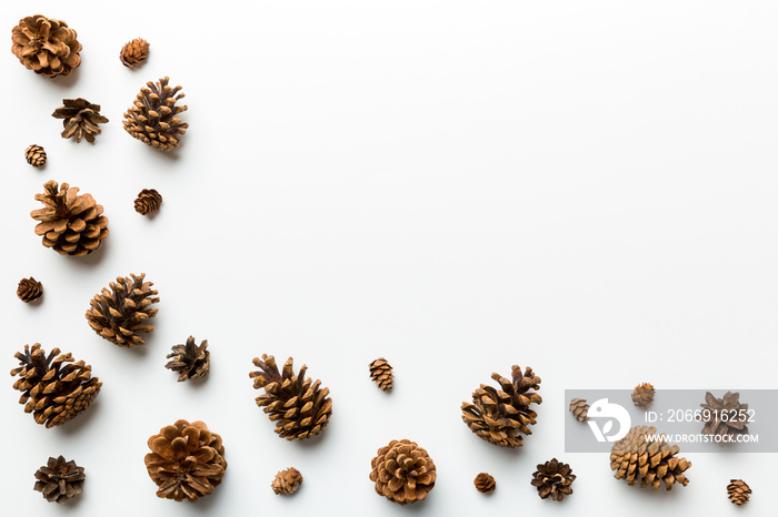 Christmas pine cones on colored paper border composition. Christmas, New Year, winter concept. Flat lay, top view, copy space