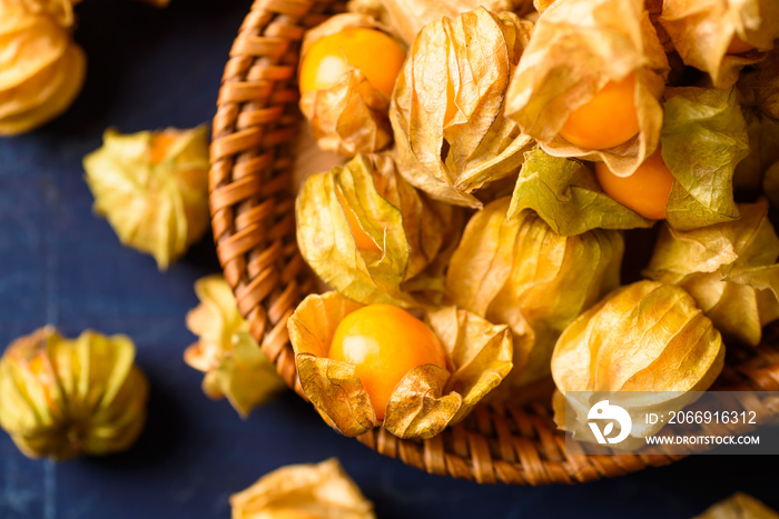 Cape gooseberry fruit from local market on blue background, Tropical fruit in spring summer and autumn season