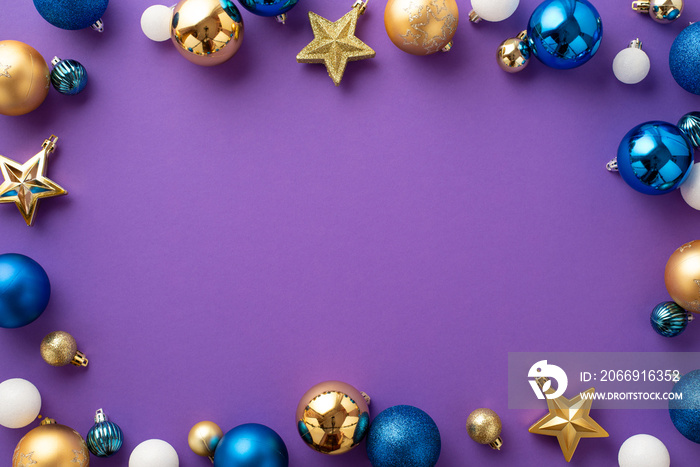 New Year decorations concept. Top view photo of blue white gold baubles and star ornaments on isolated lilac background with blank space in the middle