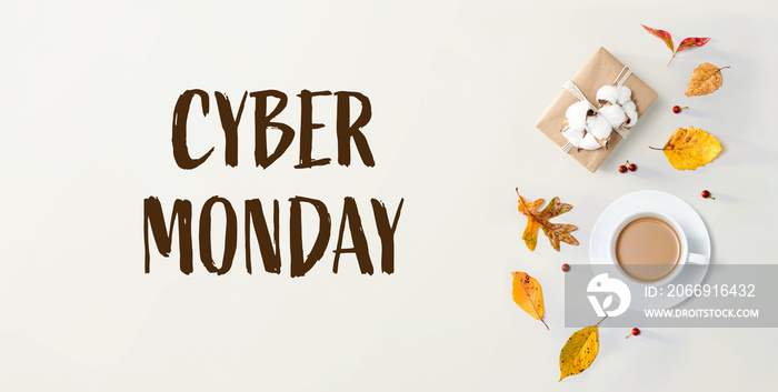 Cyber Monday banner with autumn theme with coffee and gift box