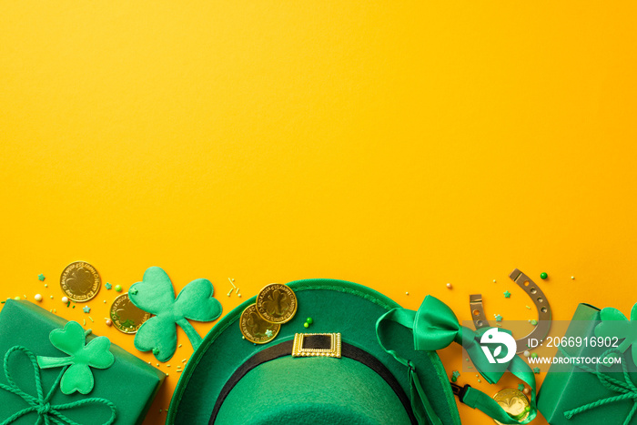 Saint Patrick’s Day concept.Top view photo of leprechaun cap present boxes gold coins clovers horseshoe bow-tie and sprinkles on isolated yellow background with empty space