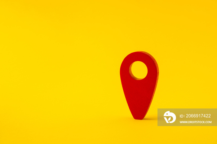 Close-up view of red point GPS rout app for people to find place stay live apartment house flat room isolated over bright vivid shine vibrant yellow color background