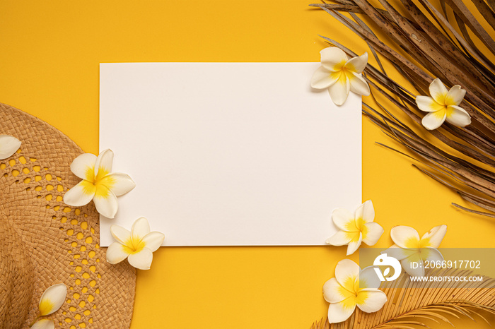 Styled summer mockup. Blank greeting and invitation card. Dried tropical leaves with empty space.