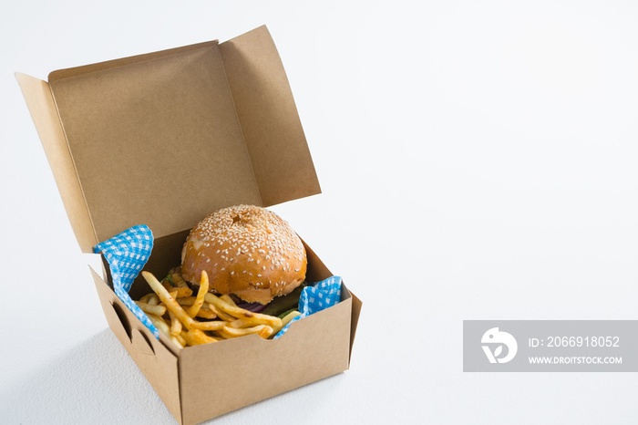 Hamburger with French fries in box