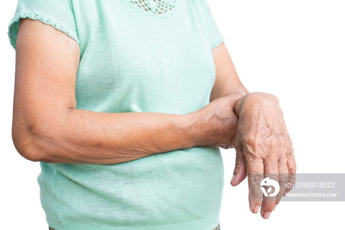 Old hand pain on wrist isolated white background,Muscle weakness and fatigue concept.