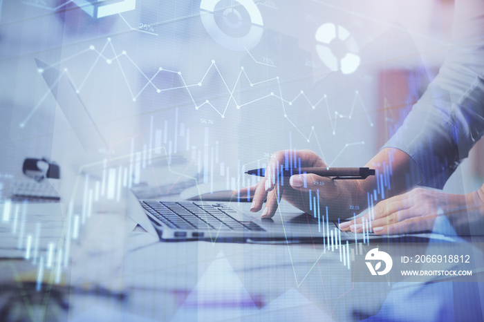 Multi exposure of woman hands typing on computer and financial chart hologram drawing. Stock market analysis concept.