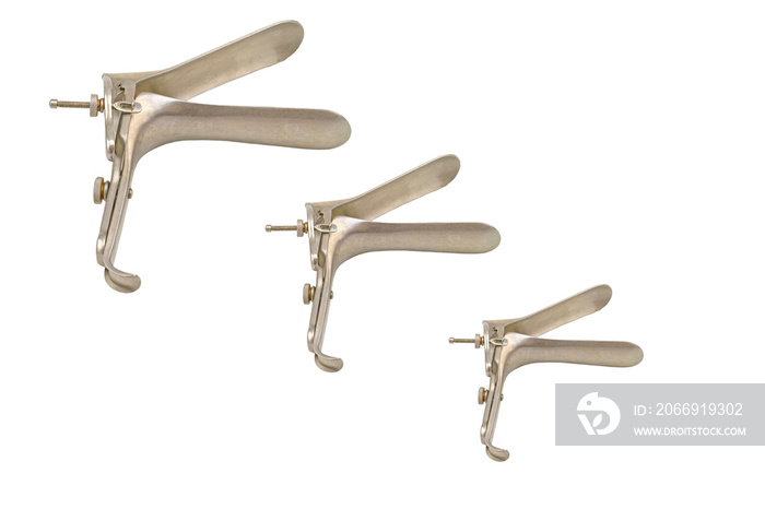 Stack of medical equipment ,Gynecologic Speculum on white background