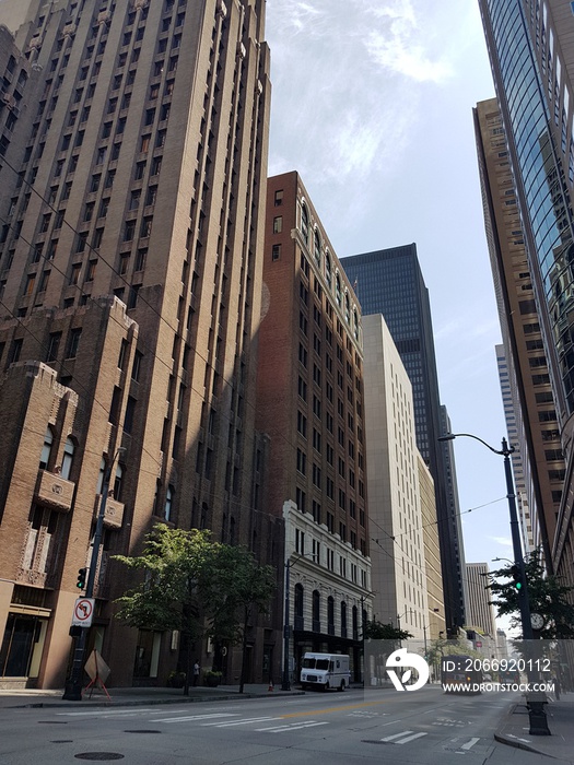 Seattle downtown street view with skyscrapers.