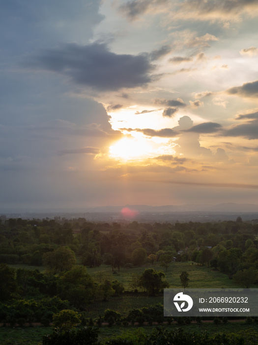 Sunset at forest with mountain view