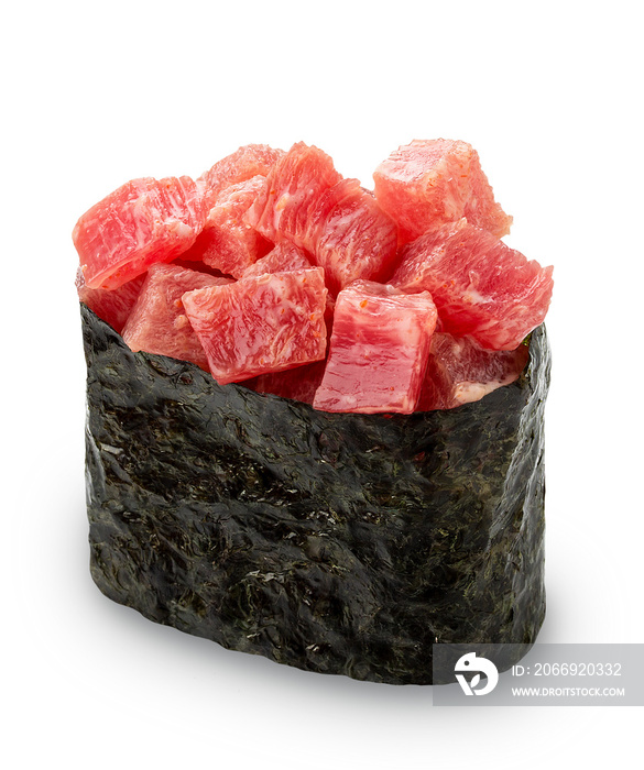 Gunkan sushi with tuna on white background. Isolated