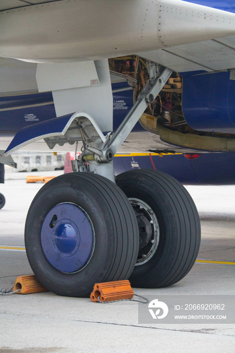 evocative close-up image of the rear wheels of a 737 aircraft