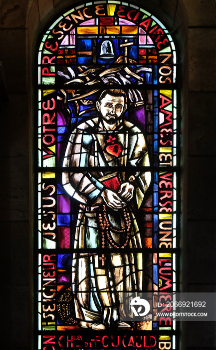Blessed Charles de Foucauld, stained glass window in Basilica of the Sacre Coeur, dedicated to the Sacred Heart of Jesus in Paris, France